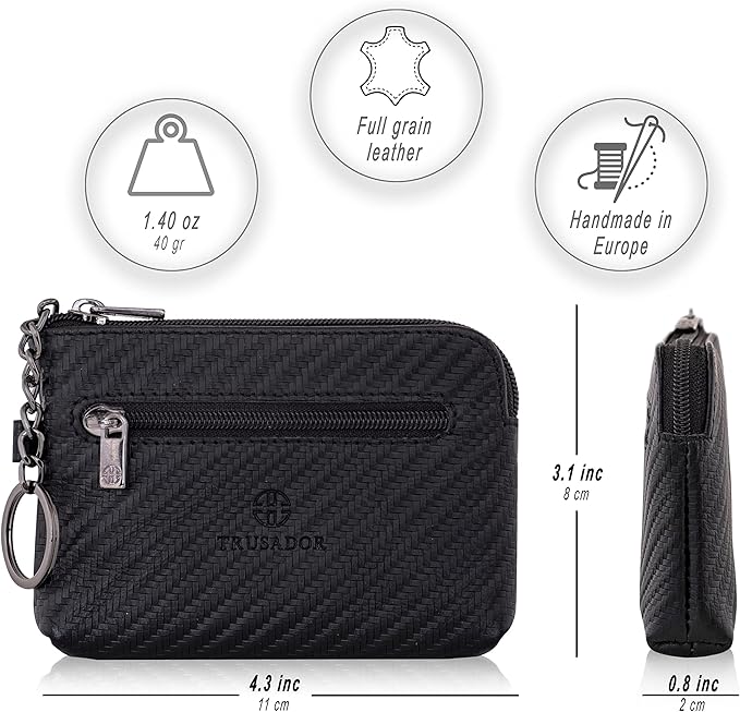 Trusador Milano Unisex Leather Front Pocket Wallet Coin Purse Zipper Pouch with Keychain (Carbon)