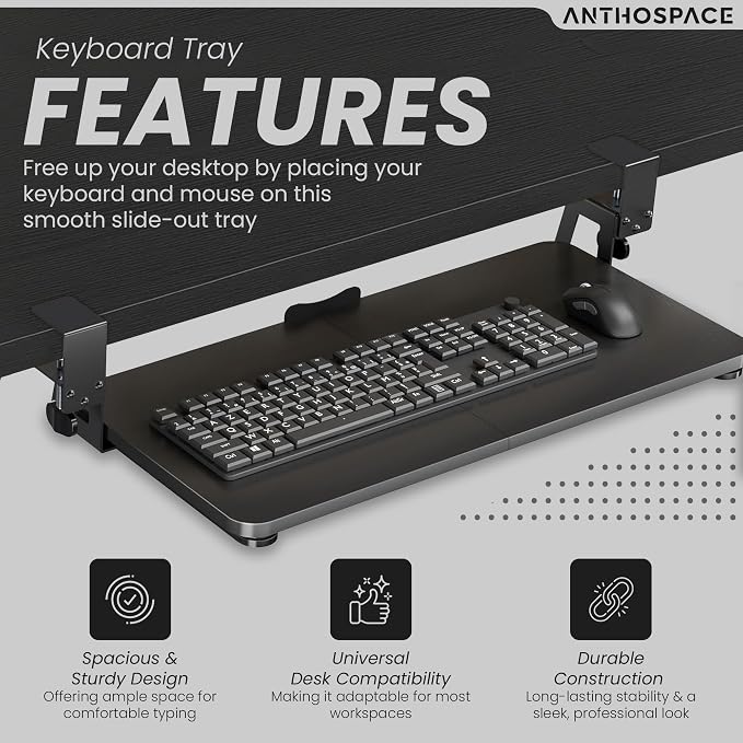 Under Desk Keyboard Tray Slide Out, 25 x 9.8 Inch Clamp-On Pull Out Drawer with Mouse Space, Ergonomic Keyboard Holder for Comfortable Typing at Home and Office