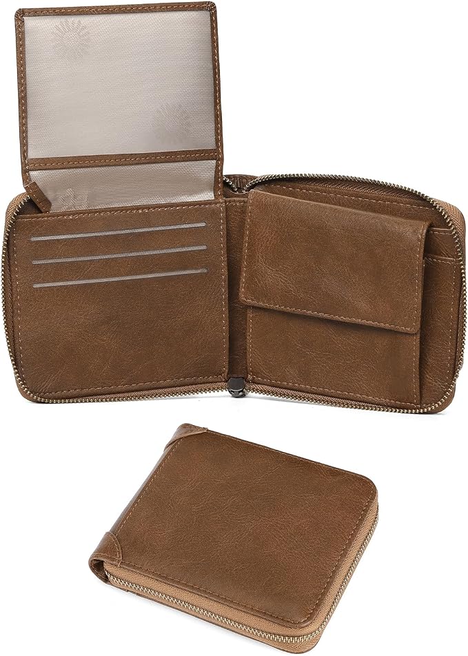 GAEKEAO Zipper Wallet for Men Vegan Leather RFID Blocking Large Capacity Bifold Wallets with ID Window Change Pocket