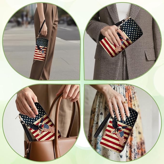 American Flag & Eagle Wallet for Women - Slim PU Leather Patriotic Wallet with Cash Zipper Coin Purse, Small Credit Card Holder Travel Wallet, Wristlet Wallets for Female Ladies Men