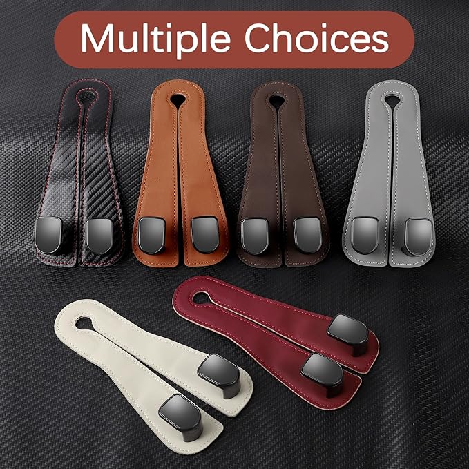 JOJOY LUX 2025 Automotive Seat Back Hooks,Leather Car Seat Hooks,Dual Headrest Organizer Hangers for Purses, Bags & Phones, 2 in 1 Car Headrest Hidden Hook for Tidy Organization,Pack of 2(Mocha)