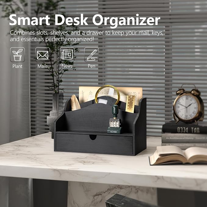 Rebee Vision Pine Wooden Mail Organizer for Desk - Modern Farmhouse Desk Organizer with Drawer & Dividers - 4-Slot Letter Sorter for Mail & Small Essentials - Office Organizer for Home Decor (Black)