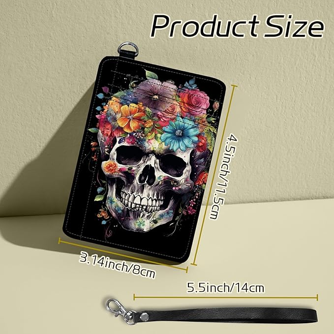 Small Travel Wallets, Sugar Skull Flowers Slim Minimalist Front Pocket Wallet with Wristlet, RFID Blocking PU Leather Credit Card Holder with ID Window Change Purse for Men Women