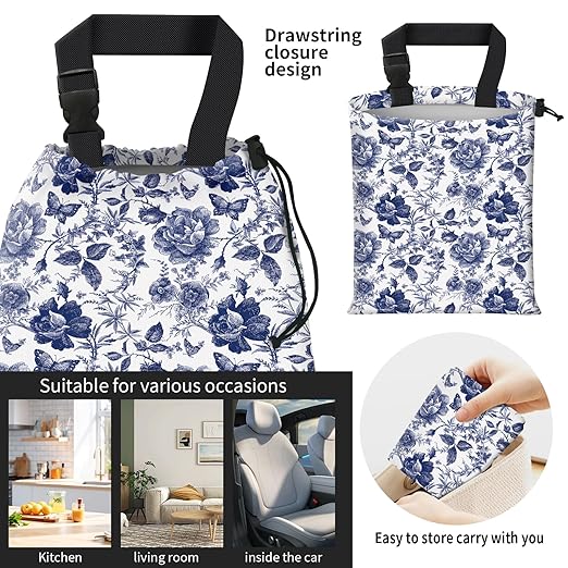 Car Trash Bag Large Hanging Can for Back of Seat, Cute Waterproof Car Garbage Bag for Vehicle, Travelling, Outdoor Cute Blue Whit Flower