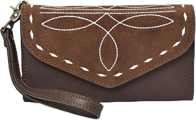 Merbaa Suede Leather Wallet for Women, Genuine Leather Wristlet Clutch with Magnetic Closure, Slim Organizer with Card Slots, Zip Coin Pocket & Compartments, Brown