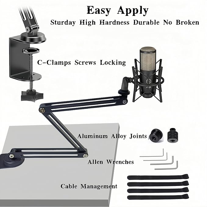 Low Profile Mic Boom Arm Stand 360° Rotatable Adjustable Compact and Foldable Table Microphone Arm Holds 2.5kg with 3/8" to 5/8" Screw Adapter for Game Streaming Podcast Broadcast (C Clamp Mount)