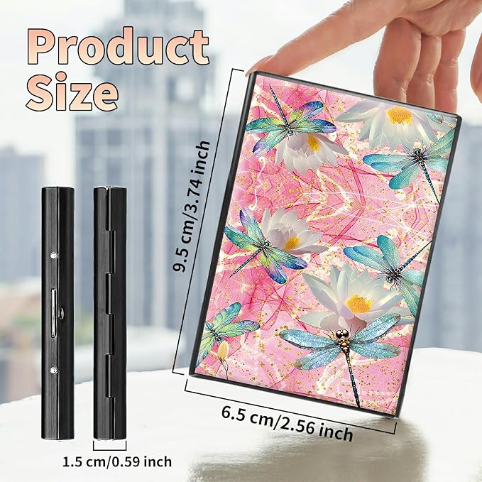 Slim Credit Card Holder, Pink Dragonfly RFID Blocking Metal Wallet for Men & Women, Aluminum Minimalist Hard Case Pocket-Sized Business Cards Organizer (Fits Up to 10 Cards)