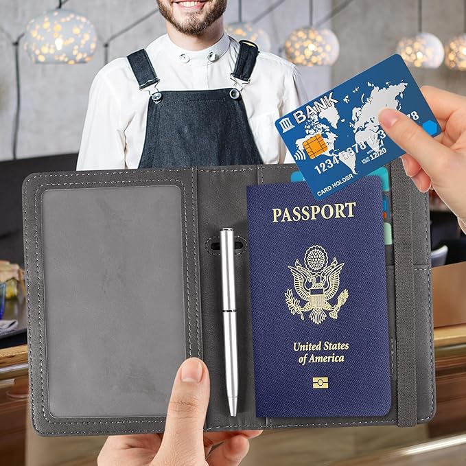 ACdream RFID BLOCKING Passport Holder Travel Wallet - Premium PU Leather Cover Passport book with Card Holder, Pen Slot, Keep Organization, and Travel Essentials for Women and Men - Grey