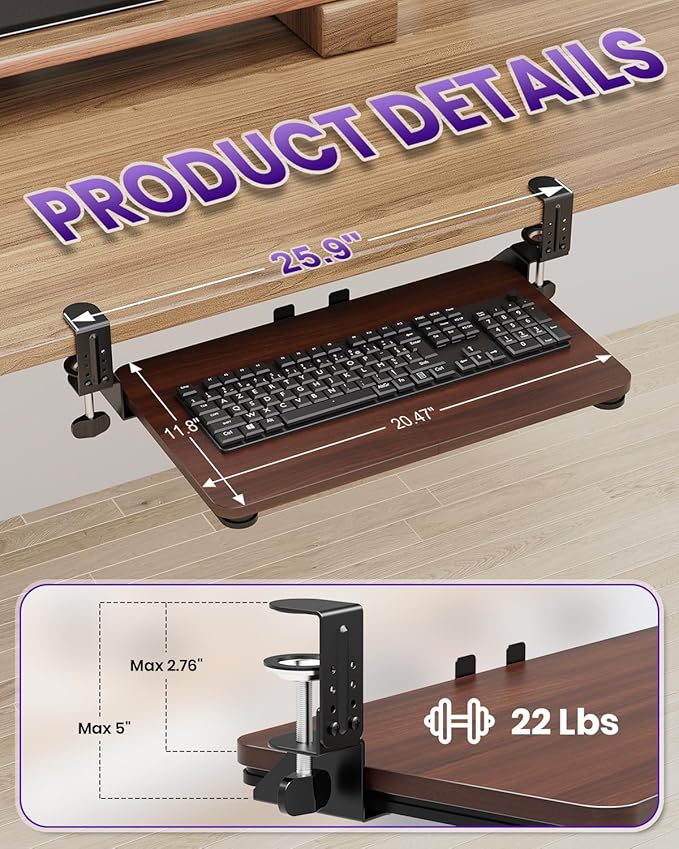 Ergonomic Mouse & Keyboard Tray Under Desk, Pull Out with Adjustable C-clamp, 20 (25.9 Including Clamps) x 11.8 Inch Slide Out Computer Keyboard Drawer Mouse Tray for Typing, Walnut
