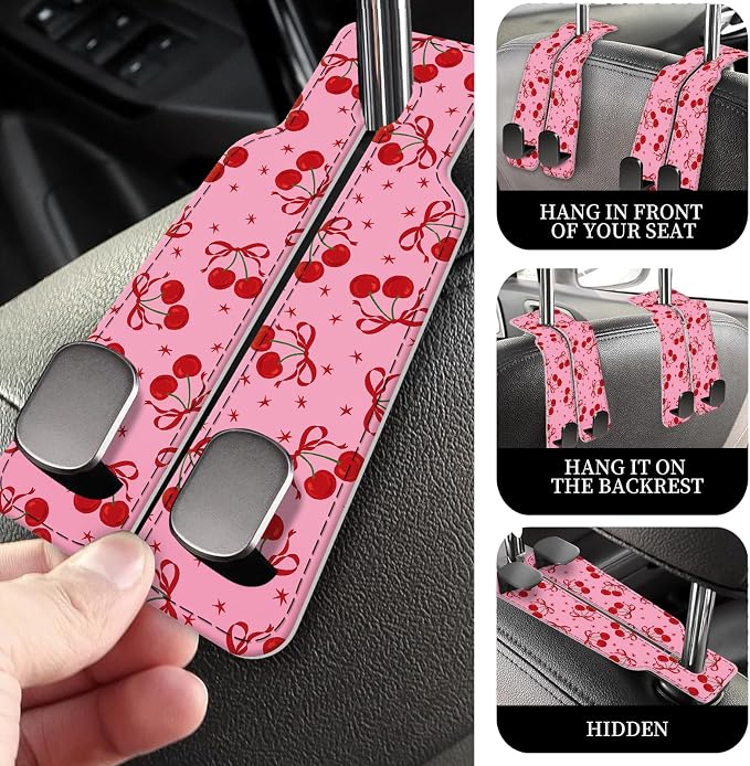 PU Leather Car Seat Hook, Storage Headrest Hanger, Cute Car Backseat Organizer, Car Hooks For Purses and Bags Pink Cherry Print