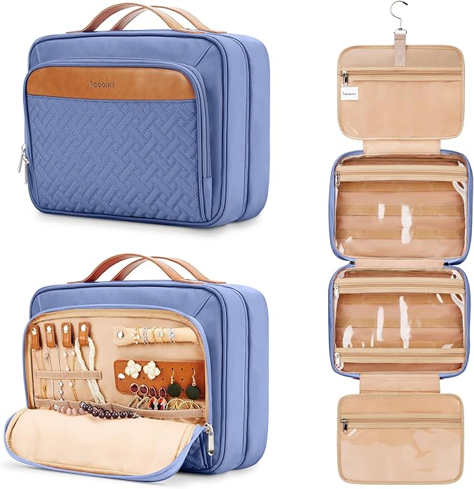 COOSKY Travel Hanging Toiletry Bag for Women, Cruise Ship Essentials, with Jewelry Organizer, Extra Large Makeup Dopp Kit, Waterproof Cosmetic Bags, Toiletries Kit Set with Trolley Belt, Blue