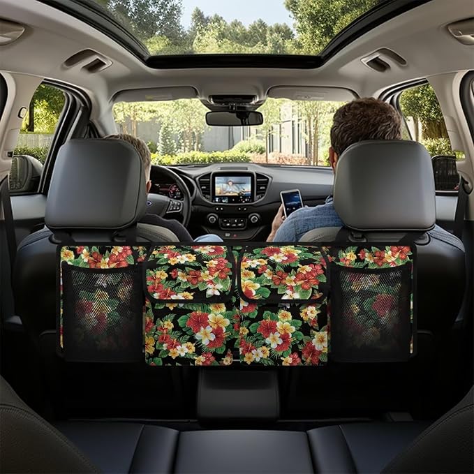 Tropical Flower Leaves Auto Back Seat Trunk Organizer Hanging Car Organizer Trunk Foldable Cargo Storage with 4 Large Pockets 3 Adjustable Straps 37x11.8inch