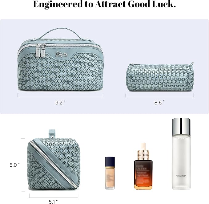 BOYATU Travel Makeup Bag for Women: Four Leaf Clover Large Capacity 3 Pcs Set Cosmetic Bags - Waterproof 50% Extra Space for Toiletry Organizer - Travel Essentials for Fortunate (04 Light Blue)