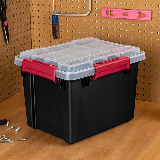 Sterilite 12 Pack 5 Gallon Gasket Box, Stackable Plastic Storage Container with Lids, Black - Waterproof and Dustproof Tote for Home Organization