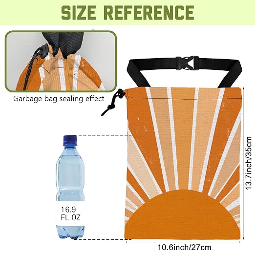 Car Trash Bag Retro Boho Sunburst Leak-Proof Waterproof Car Garbage Bag with Drawstring Foldable Canvas Trash Bin with Adjustable Buckle for Car Accessories