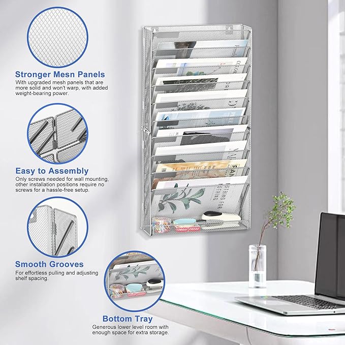 EasyPAG Wall File Holder 10 Tier Mesh Hanging Folder Organizer with Flat Tray Wall Mounted Mail Organizer Magazine Paper Desk Shelf with Nametag Label for Office Home School, Silver