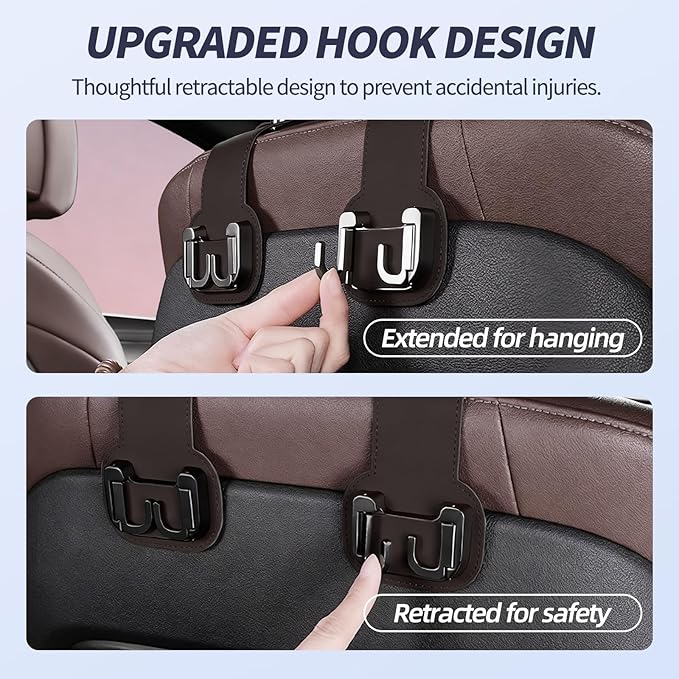 2 Packs Headrest Hooks for Car, Hidden Twinhook Leather & Metal Car Purse Holders, Universal Seat Back Storage Organizer Hanger for Purse Bag Handbags Phones, 2026 Car Seat Accessories (Brown)