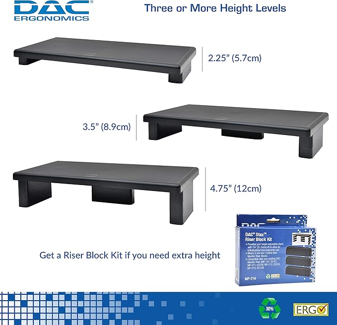 DAC STAX Ultrawide Adjustable, Stackable Desktop Computer Monitor Stand Laptop Riser, Supports up to 66 Pounds, with Keyboard Storage, Black (MP-211)