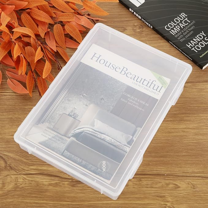 3 Pack Plastic Storage Boxes with Hinged Lids for 8.5" x 11" Letter, 2" Height A4 File Storage Case, Clear Scrapbook Paper Storage Boxes Documents Magazines Holder