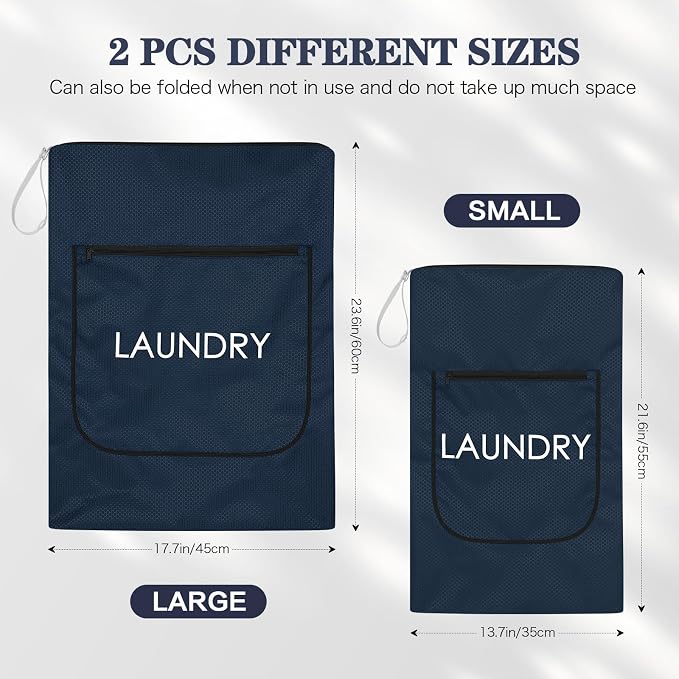 Weesiber 2 Pack Laundry Bags - Foldable Travel Dirty Clothes Organizer with Zipper, Washable Wet Dry Bag for Gym, Swimming, Yoga, and Workout Bathing Suits (Navy Blue, Small+ Large)