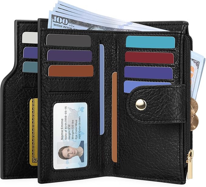 Airkit Small Women's Bifold Wallet, RFID Blocking Credit Card Holder with Zipper, Travel Cute Coin Pocket Wallet for Ladies, Black