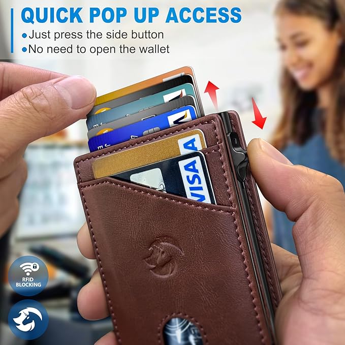 Wallet for Men, Slim Pop Up Card Holder with RFID Blocking, Minimalist Bifold Wallet with 9 Card Slots, ID Window and Cash Pocket, Metal Flip Case with Magnetic Closure, Gift Box