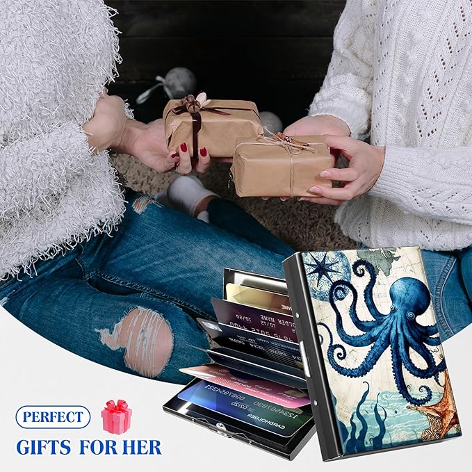 RFID Blocking Credit Card Holder - Slim Metal Wallet for Women & Men,Octopus Design Stainless Steel Business Card Case,Compact Pocket Organizer for Travel & Daily Use