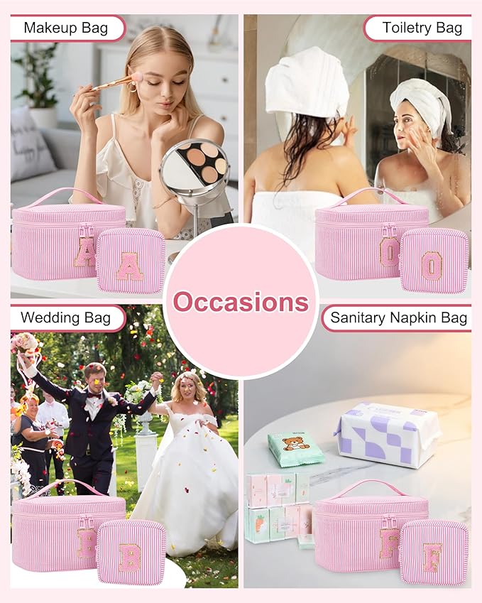 MONSTINA Preppy Chenille Makeup Bag|Personalized Initial Bags with Zipper,Cute Makeup Pouch Stripe Cosmetic Bag,Birthday Gift for Daughter|Preppy Things for Girls,2PCS Pink Q