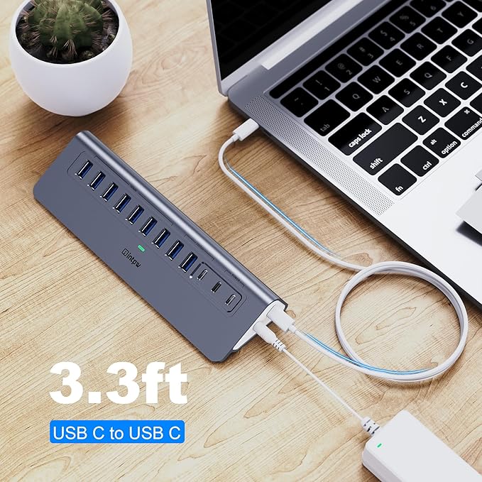 Powered USB Hub 10Gbps, intpw YH9AC 12-Port USB Splitter with USB A/USB C 3.2, 7 USB 3.0, 2 PD 45W Charging Ports, 65W Power Adapter + 3.3FT Cable, Aluminum USB Extender Hub for Laptop/PC/iPhone 16/15