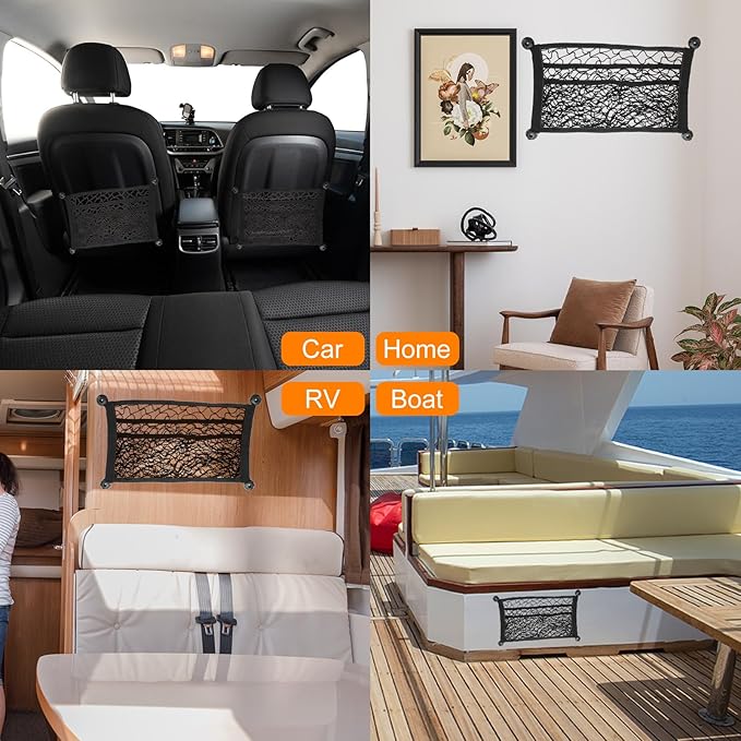 HARFINGTON 2pcs 3-Layer Small Cargo Net 18" x 9.8" Stretchable Storage Mesh Pocket Net Automotive Cargo Nets Storage Pouch Organizer with 8pcs Screws and 8pcs Hooks for Trunk RV Boat
