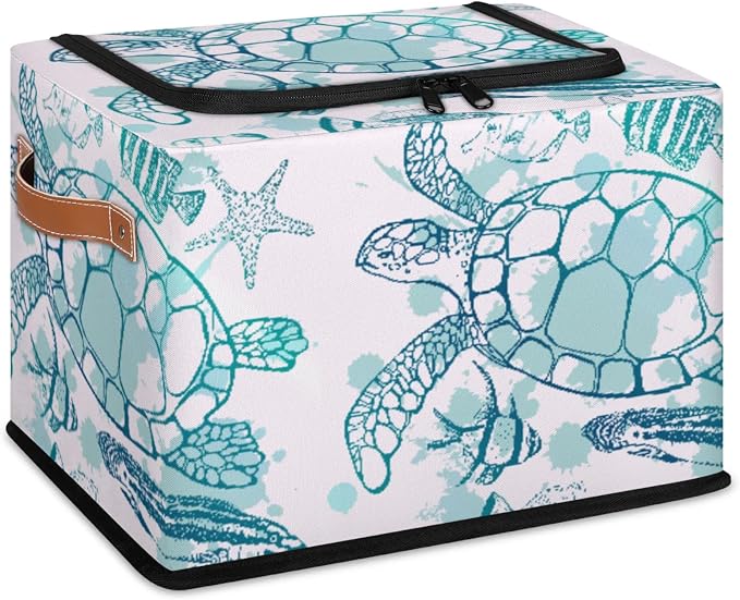 Sea Turtle Ocean Storage Bins With Zipper Lid, Collapsible Trunk Organizer, Car Organizers and Storage Bins with Lids, Decorative Storage Boxes with Handle, Home Storage Baskets for Organizing