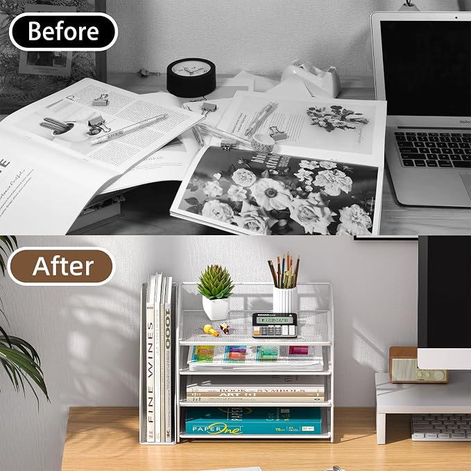 4-Tier Paper File Organizer with Bookend, Metal Desk Organizer, Tiered Paper Tray for Letter/A4 Files, Desktop Office Supplies Storage Rack for Home Office, Classroom, School & Work, White