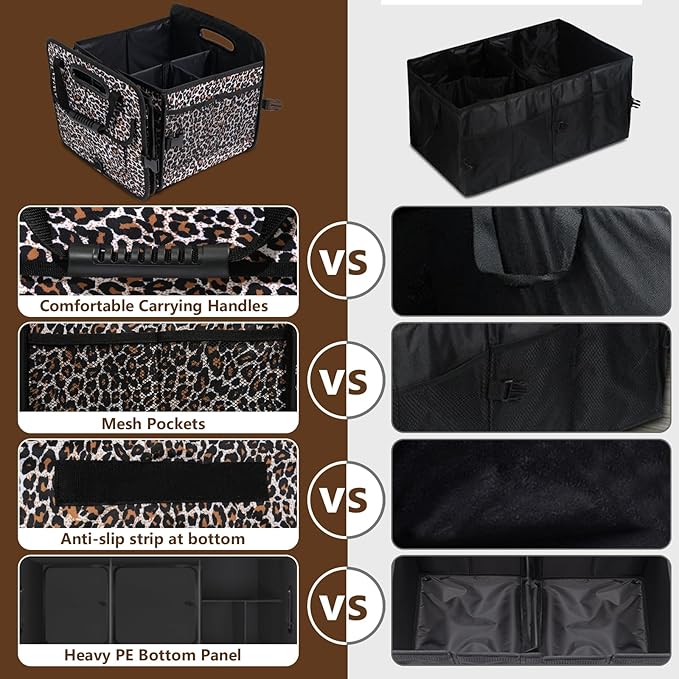 AOPHY Leopard Print Trunk Organizer - 95L Large Capacity, Non-Slip Bottom, Waterproof, Portable Car Storage for SUV, Truck, Sedan