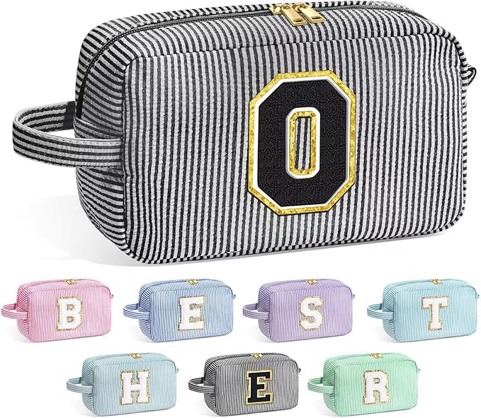 YOOLIFE Initial Makeup Bag for Women - Monogram Cute Makeup Bag Cosmetic Case Toiletry Pouch for Women Her Best Friend Sister Teacher, Personalized Birthday Gifts for Women, Black O