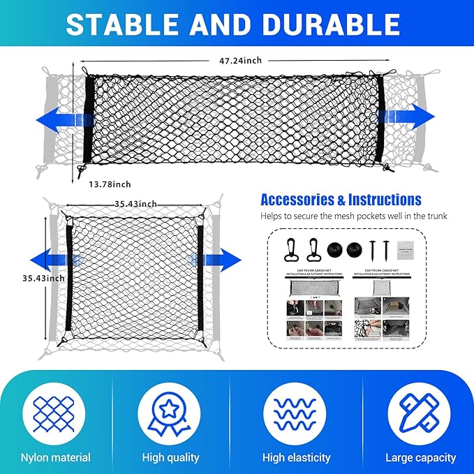 Trunk Cargo Net Fits for 2010-2024 Toyota 4Runner Trunk Organizer Elastic Stretchable String Bag Cargo Storage Pocket Compatible with 4Runner 5-Seat 2nd Row Accessories Floor+Tailgate Net