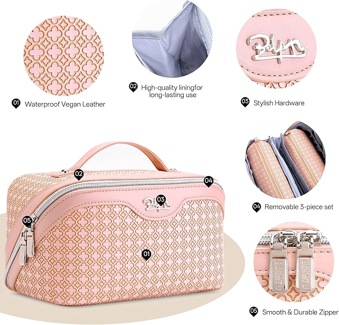 BOYATU Travel Makeup Bag for Women: Four Leaf Clover Large Capacity 3 Pcs Set Cosmetic Bags - Waterproof 50% Extra Space for Toiletry Organizer - Travel Essentials for Fortunate (03 Pink)