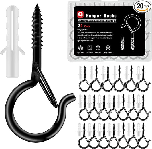 Black Screw Hooks with Safety Lock - 2.3" Rustproof Metal Ceiling Hooks for Hanging Plants, Baskets,String Lights & Outdoor Decor, 40LB Capacity (20 Pack,Includes Storage Case & Plastic Caps)