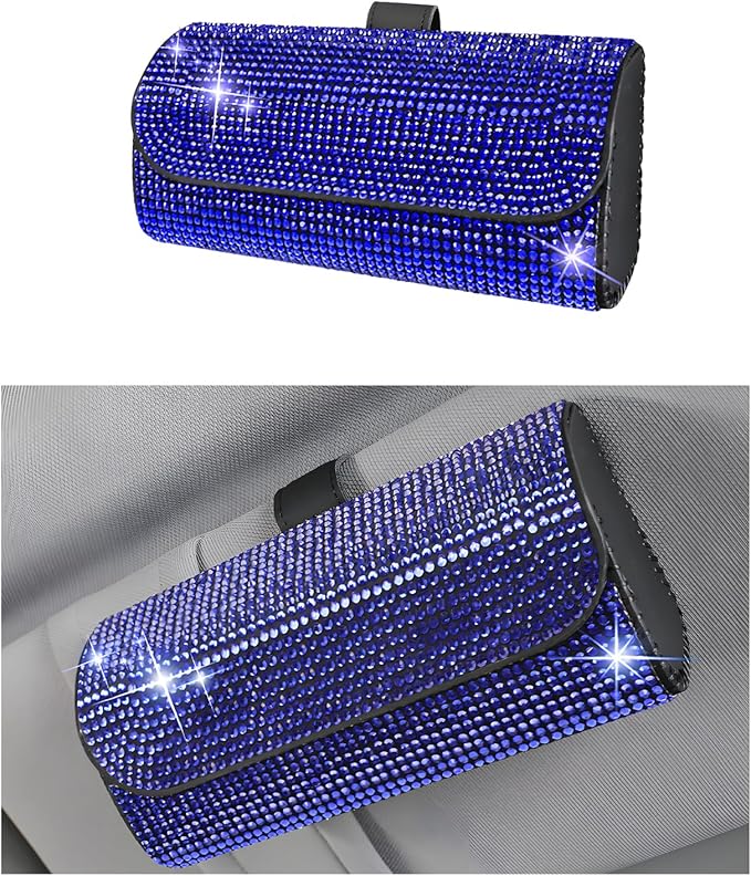 Ohleats Bling Sunglasses Holder for Sun Visor, Sparkling Glasses Sun Visor Organizer Case with Hidden Magnetic Closure, Auto Visor Crystal Eyeglasses Storage Case, Car Accessories (Bling Blue)