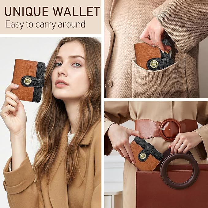 Kelvoris Small Rfid Women Wallet Bifold Zipper Coin Pocket PU Leather Compact Cash Credit Card Holder Travel Wallet for Female Ladies Teen Girls 1 ID Window 10 Card Slots Brown and Black