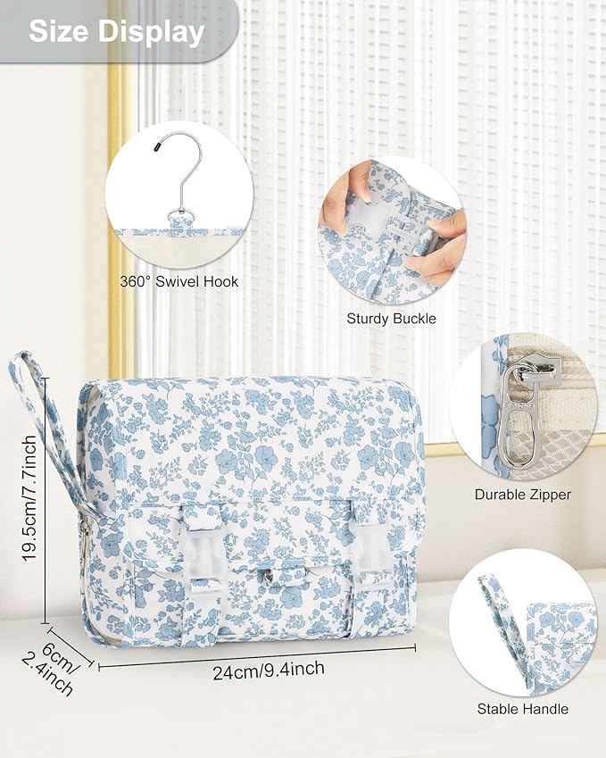 Relavel Small Hanging Toiletry Bag for Men and Women, Portable Hanging Organizer for Travel-Sized Shower Dopp Kit, Waterproof Toiletries Organizer with 3 Compartments for Outdoor - Blue Flower
