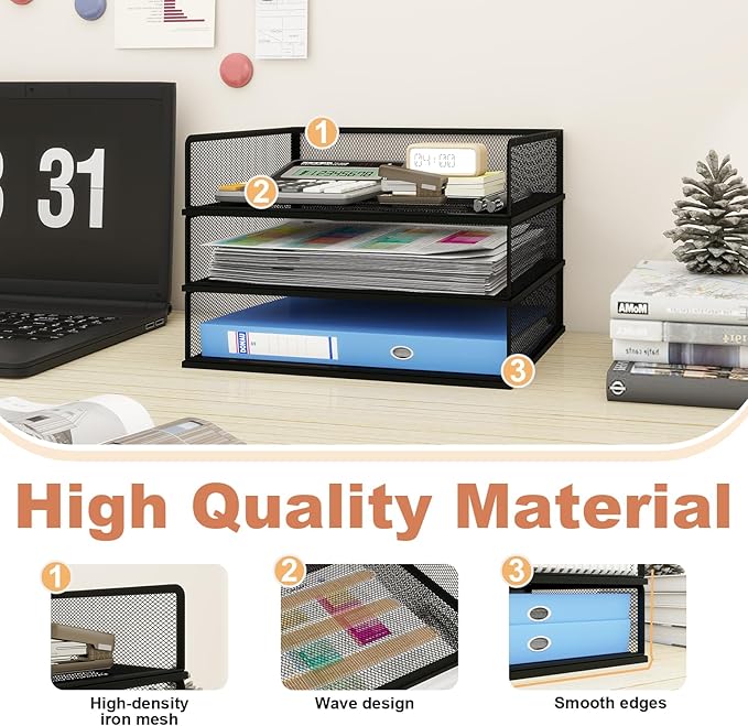 Natwind 3-Tier Stackable Metal Mesh Letter Paper Tray Organizer,Black | Desk Organizer For Paper,Document,Mail Tray For Office Supplies,File Holder For Home Office School Classroom Organization