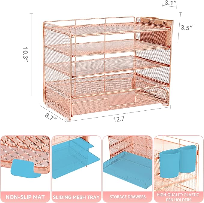 LEKETREE Desk Organizer and Accessories, 5-Tier Paper Letter Tray Organizer with Drawer & 2 Pen Holders for Desktop File Organization, Office Desk Accessories for Supplies Storage (Rose Gold)