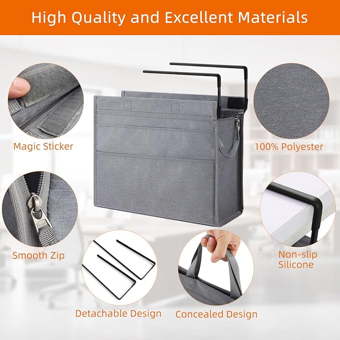 MASTLU Under Desk Hanging Storage Bag, Desk Organizer Storage, Office Side Storage Bag, Compatible with A4 Files, Detachable Handle Design, No Assembly Required, For Office Home School (Grey)