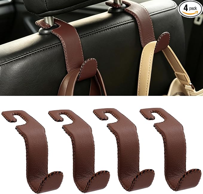 Amooca Car Seat Headrest Hook, Universal Vehicle Storage Hanger, Leather with Metal Car Seat Back Organizer for Handbag, Purse, Coat, Ergonomic Design, Brown 4 Pack