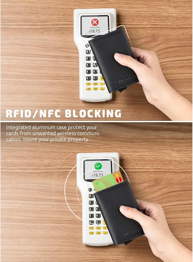 VULKIT Credit Card Holder RFID Blocking Leather Automatic Pop Up Wallet Aluminum Pocket Business Card Case