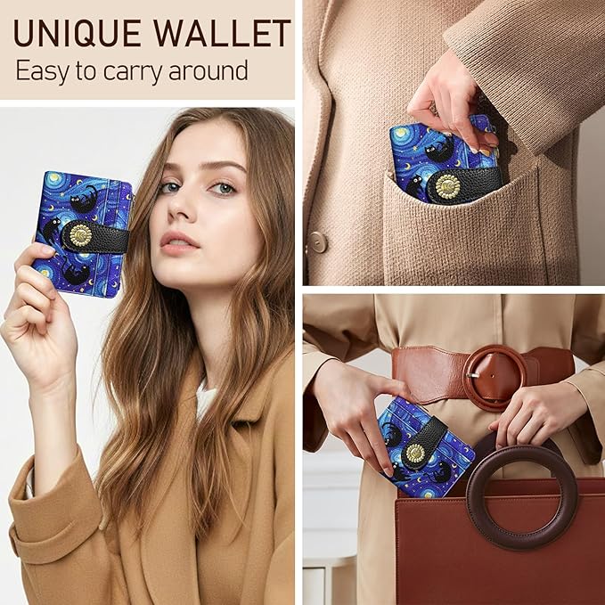 Kelvoris Black Cat Bohemian Vintage Small Rfid Women Wallet Bifold Zipper Coin Pocket PU Leather Compact Cash Credit Card Holder Travel Wallet for Female Ladies Teen Girls 1 ID Window 10 Card Slots