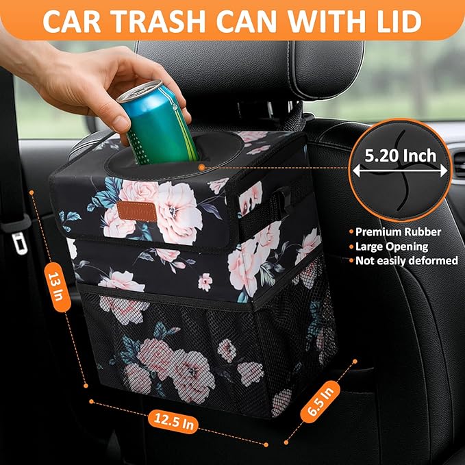 Vankor 4.2 Gallons Car Trash Can with Lid, Bag Bin Hanging Waterproof Automotive Car Garbage Cans Leak Proof Vehicle Trash Can for Truck SUV,Black Floral