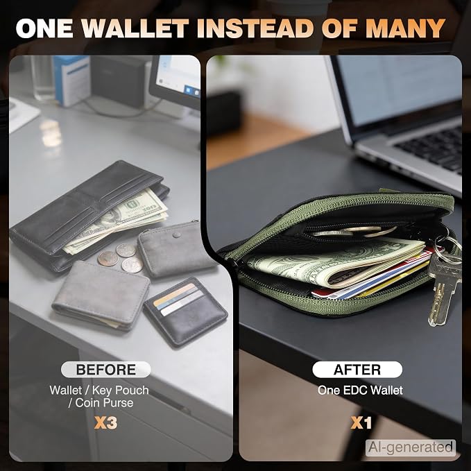 Coin Purse for Men, RFID Blocking 500D Nylon Small Wallet with Key Clip, Slim Front Pocket Card Holder, Zipper Coin Pouch & ID Window Organizer for Cards, Cash