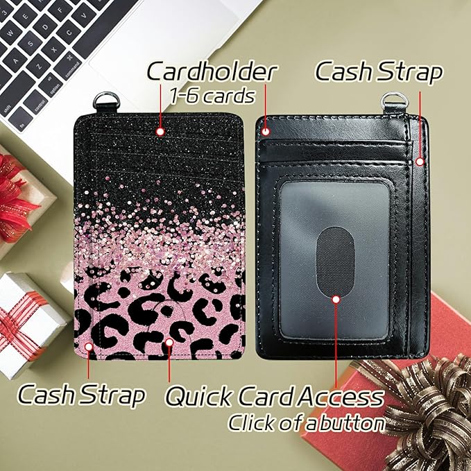 Small Travel Wallets, Pink Glitter Leopard Slim Minimalist Front Pocket Wallet with Wristlet, RFID Blocking PU Leather Credit Card Holder with ID Window Change Purse for Men Women