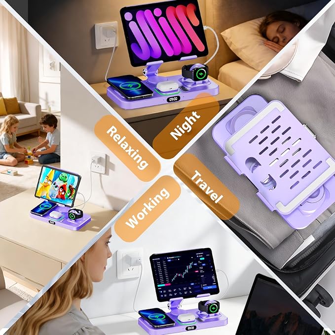 30W Charging Station for Apple Products, Foldable Wireless Charger with Clock Display&7 Color Light, Wired Charging for iPad/Tablet Charging Station for iPhone17, for Apple Watch11 for AirPods4(Purple